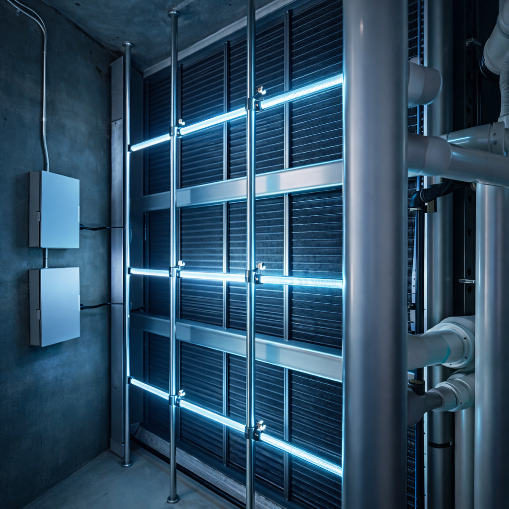 Multiple UV-C lamps mounted on struts across a large cooling coil