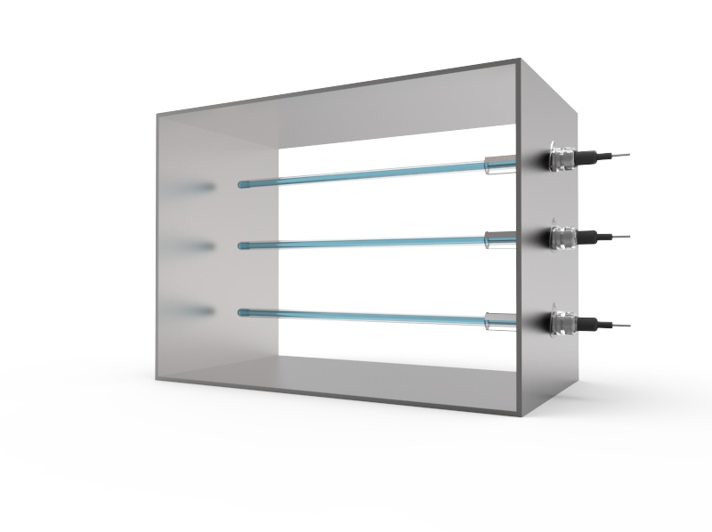 Cutaway view of UV-STYLO-X lamps installed across a duct airstream